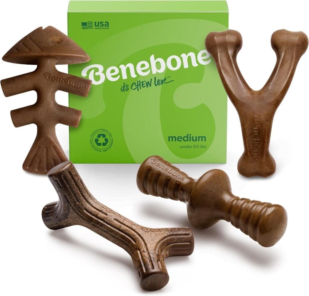 Benebone Durable Dog Chew Toy Box for Aggressive Chewers with Wishbone, Fishbone, Stick Zaggler, Medium