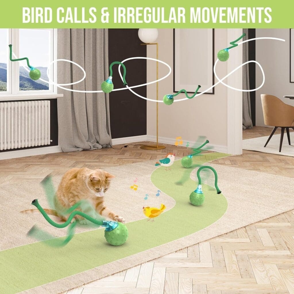 IOKHEIRA Interactive Cat Toy, Cat Toys for Indoor Cats, Motion Activated Automatic Moving Ball Toy, Electric Automatic Cat Toys with 2 Long Tail Teaser Suitable for All Floors and Carpets