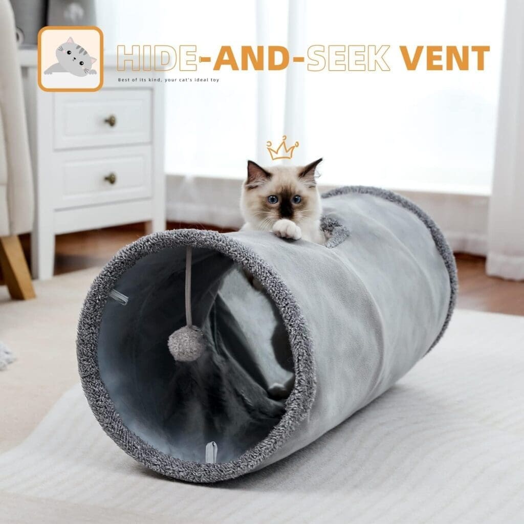 OHANA Collapsible Cat Tunnel Toy in suede, Large cat tunnels for indoor cats rabbits with 2 holes and suspended ball Dia30*130cm