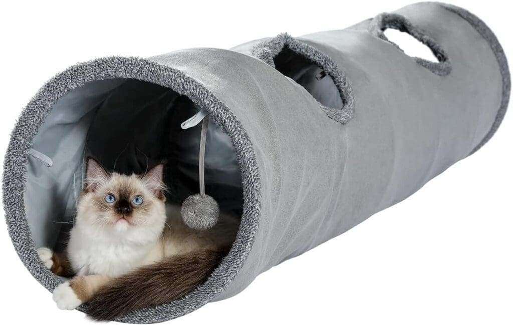 OHANA Collapsible Cat Tunnel Toy in suede, Large cat tunnels for indoor cats rabbits with 2 holes and suspended ball Dia30*130cm