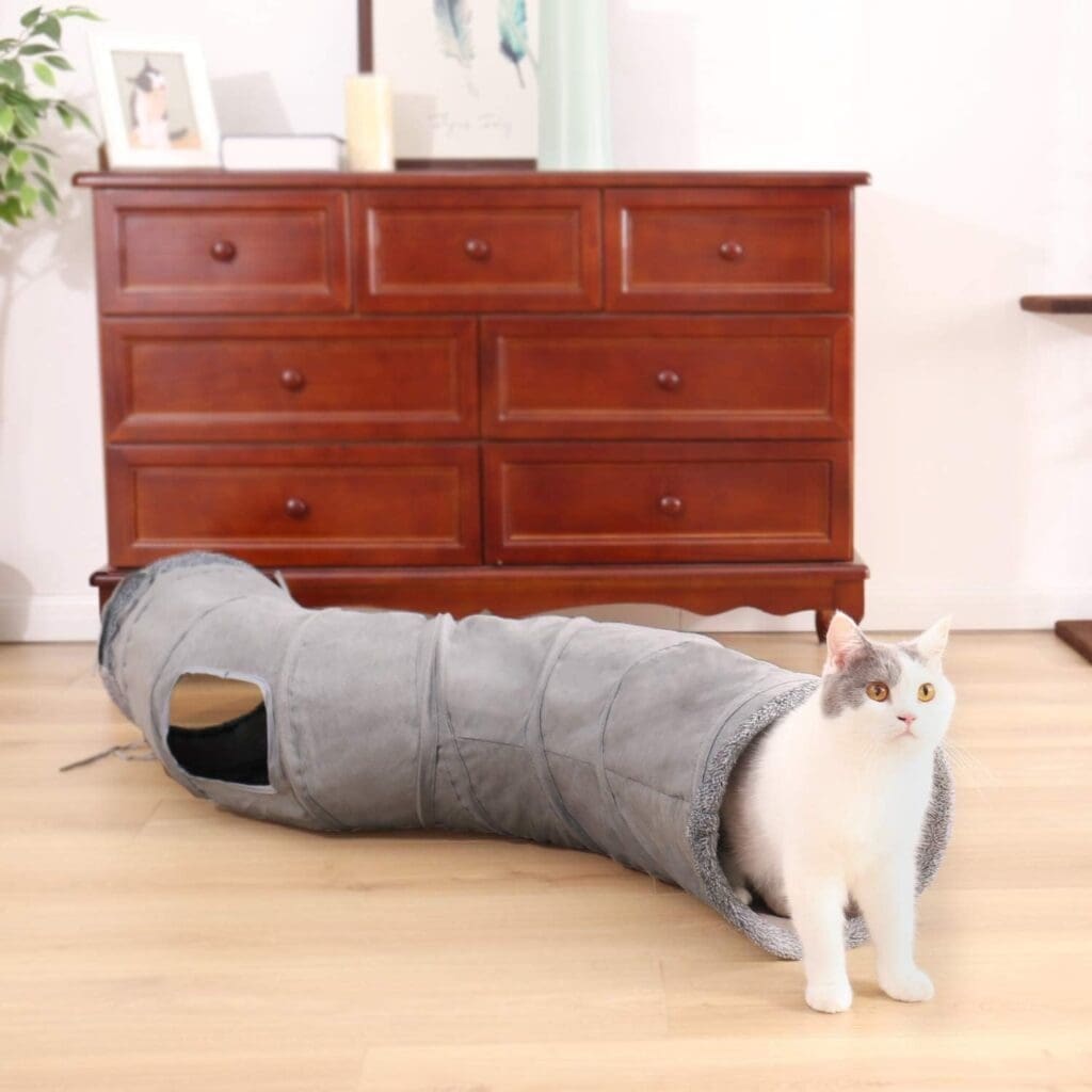 OHANA Collapsible Cat Tunnel Toy in suede, Large cat tunnels for indoor cats rabbits with 2 holes and suspended ball Dia30*130cm