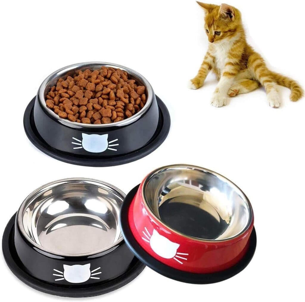 SUOXU Stainless Steel Non-Slip Cat Bowl,Color Multi-purpose Cat Food Bowl Pet Water Bowl Cat Feeding Bowl, Set of 3 Metal Cat Bowls (Black*2/red)